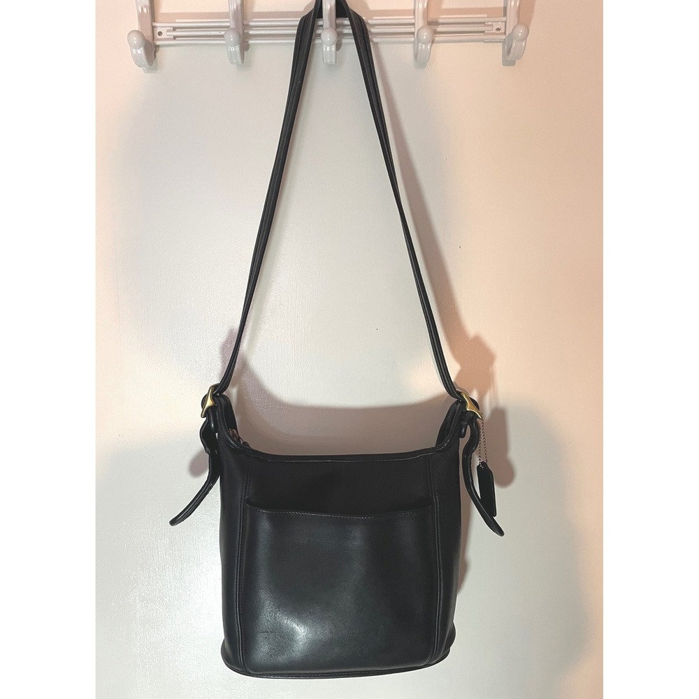 Vintage Coach Slim Duffle Crossbody Bag Black Leather Brass Hardware 9816 EUC - Picture 3 of 12